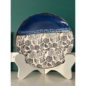 Art Pottery Plate‎ Blue Glaze Seashells Coastal Decor Decorative Display